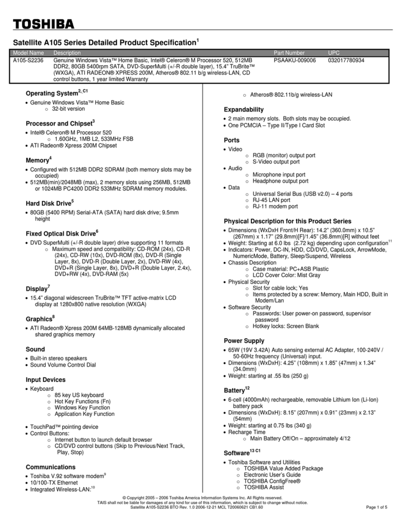 Toshiba A105-S2236 Specifications