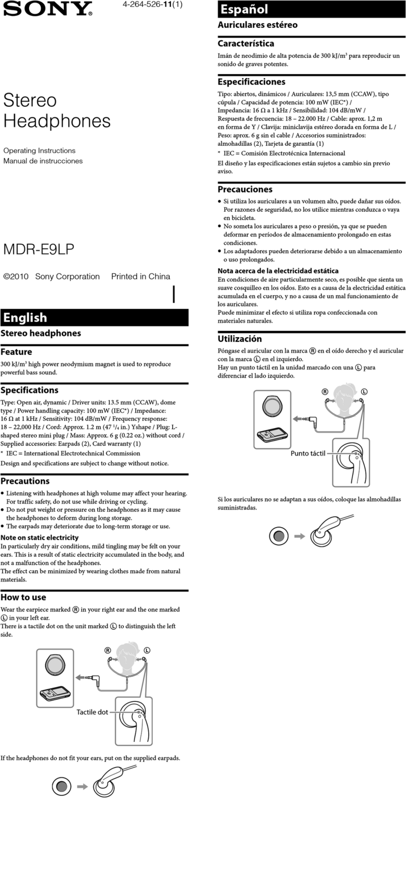 Sony MDR-E9LP User manual